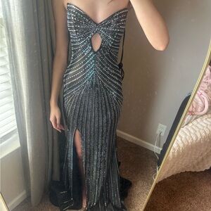 NWT Strapless Black Sequin Evening Gown with Front Slit size 0 prom dress